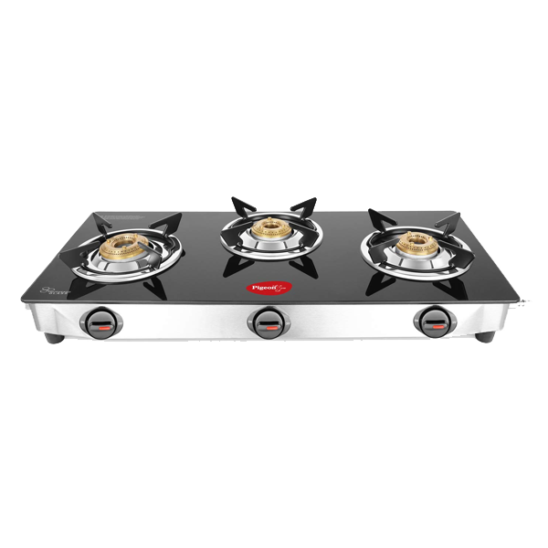 Pigeon Ayush 3 Burner High Powered Brass Open Gas Stove Cooktop with Glass Top and Stainless Steel Body (Black, Standard, PGAYUSH3B)