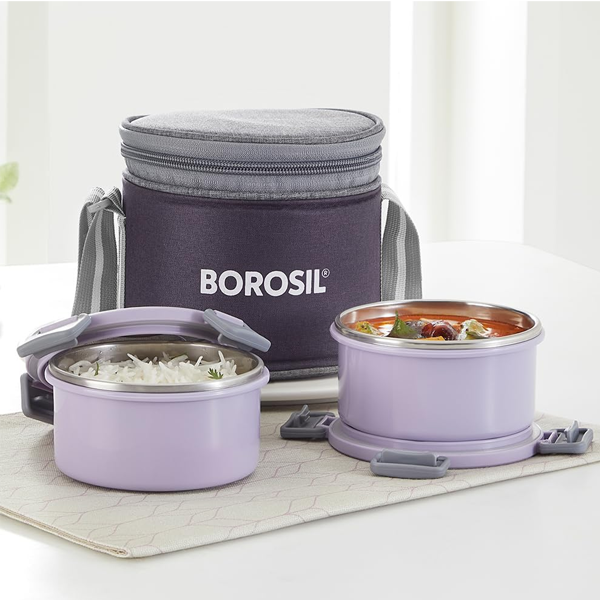 Borosil Glory Stainless Steel Lunchbox with Bag, Set of 2 (280ml Each) (BRSLBSSGLORY2SET280)