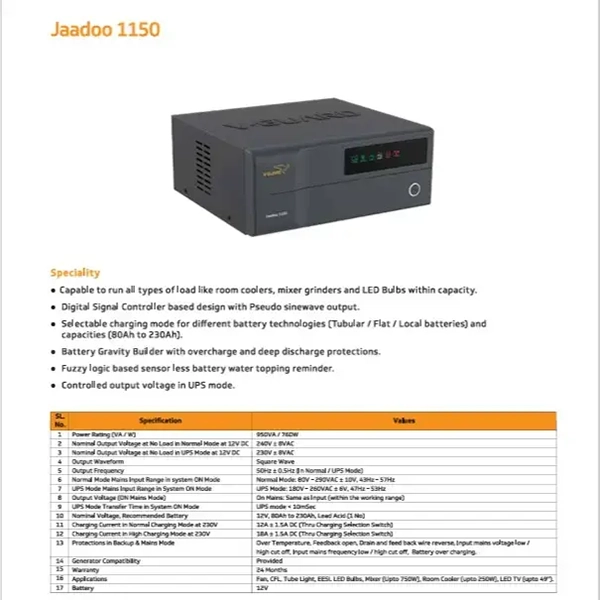 V-Guard Jaadoo 1150 Inverter for Home, Office and Shop (JAADOO1150)